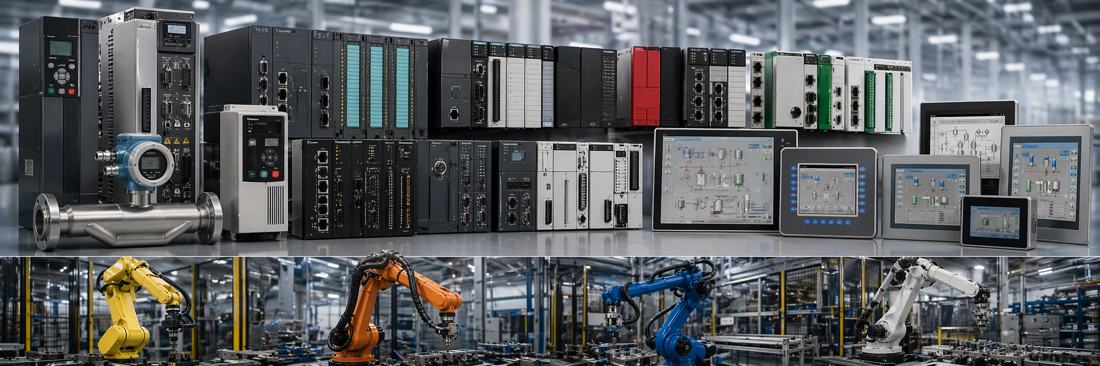 Automation controls, PLCs, HMIs, drives, instrumentation, and industrial robots